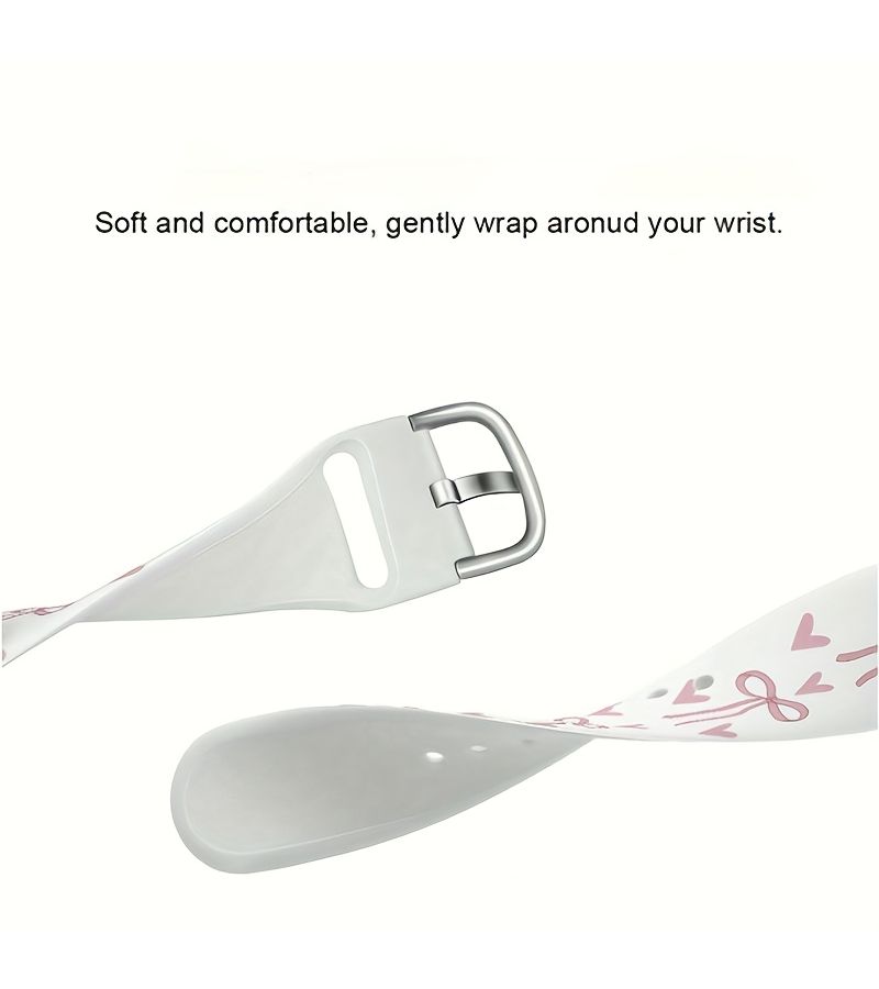 Ivory White Silicone Apple Watch Band With Bow Heart Print Case 42 44 45 49mm - Image 5
