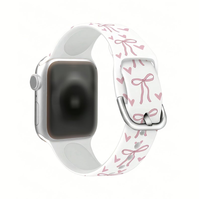 Ivory White Silicone Apple Watch Band With Bow Heart Print Case 42 44 45 49mm - Image 1