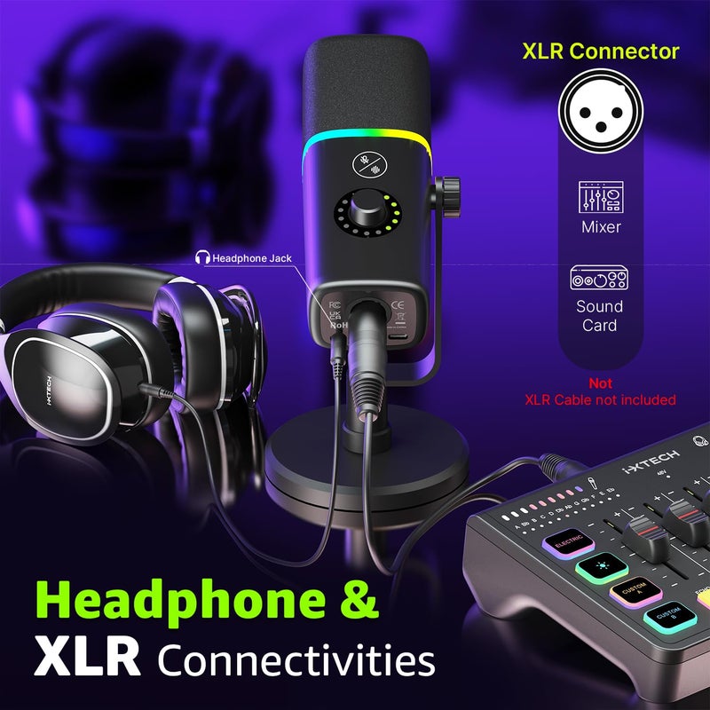 i-XTECH IXTECH Gaming USB Microphone for PC, Noise Cancellation Condenser Mic for Podcasts and Video Streaming with Tripod Stand, Pop Filter, Shock Mount, Gain Control, RGB Lights, Quiet Mute Button (Black) - Image 4