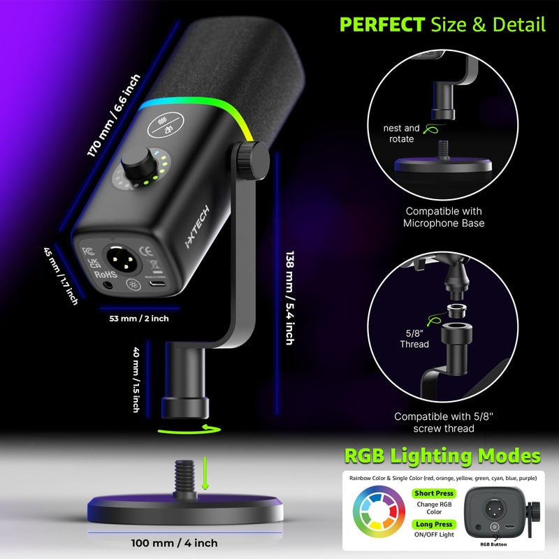 i-XTECH IXTECH Gaming USB Microphone for PC, Noise Cancellation Condenser Mic for Podcasts and Video Streaming with Tripod Stand, Pop Filter, Shock Mount, Gain Control, RGB Lights, Quiet Mute Button (Black) - Image 5