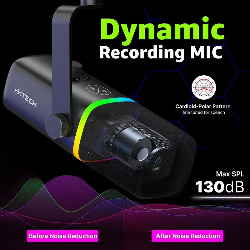 i-XTECH IXTECH Gaming USB Microphone for PC, Noise Cancellation Condenser Mic for Podcasts and Video Streaming with Tripod Stand, Pop Filter, Shock Mount, Gain Control, RGB Lights, Quiet Mute Button (Black) - Image 3