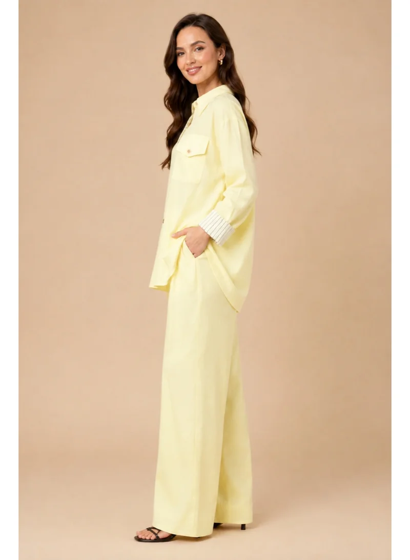 2Trendy Women's Yellow Wide-Leg Pants with Elastic Waist and Drawstring Tie