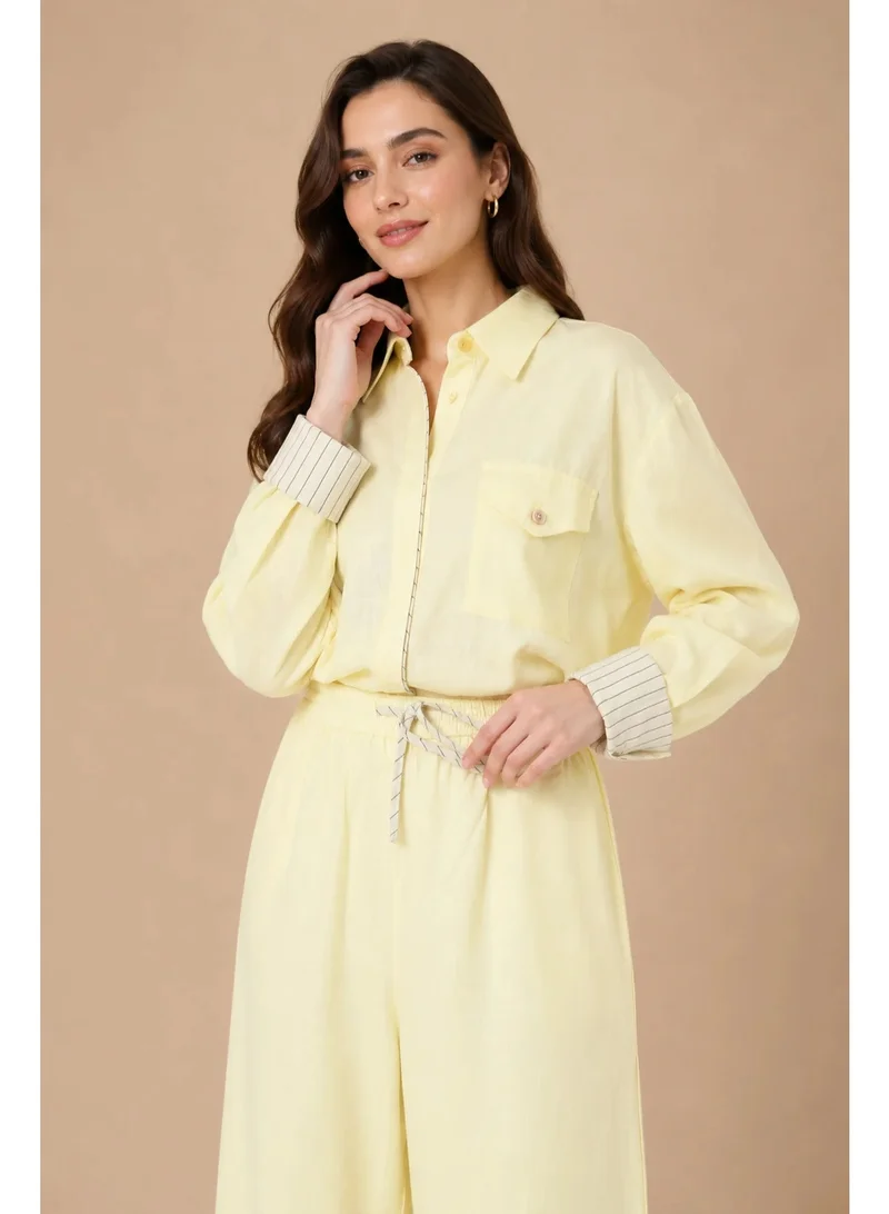 2Trendy Women's Yellow Wide-Leg Pants with Elastic Waist and Drawstring Tie