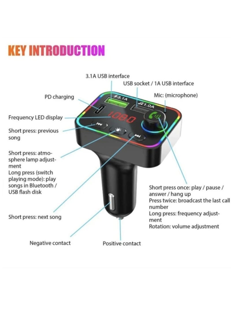 جهاز راديو FM  مع شحن USB مزدوج للسيارة 7 ألوان إضاءة خلفية بإضاءة ليد مع وجود منفذ Type C - Image 5