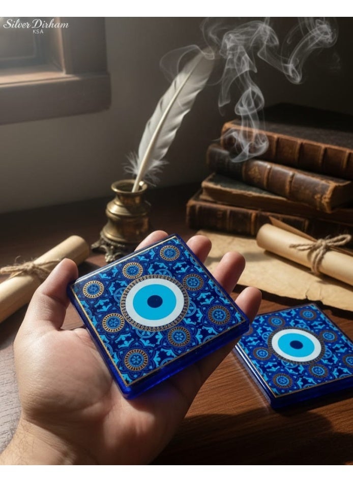 هاند ميد بلاطات زجاجية فنية مصنوعة يدويًا بتصميم عين الحسد، 5 قواعد أكواب + صندوق هدايا خشبي أزرق وقفل مجانًا - Image 3