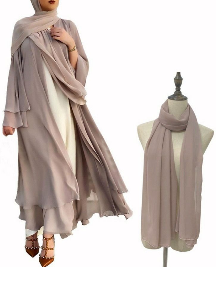 Loquat Women's Solid Color Flared Long-Sleeved Abaya with Turban Women's Elegant Long Cardigan Dress Two-Piece Set Khaki 
