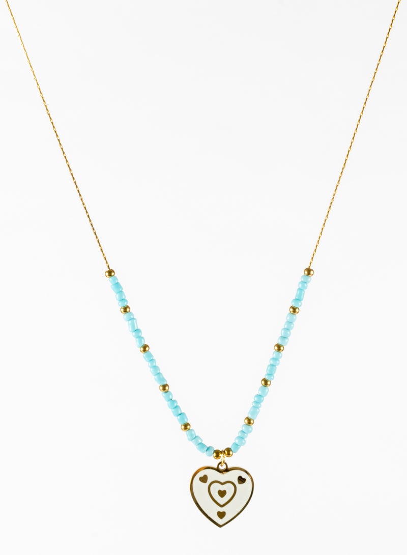 The Black Pearl Accessories Stainless Steel Necklace Gold With Turquise Beads and White Heart Pendant - Image 2