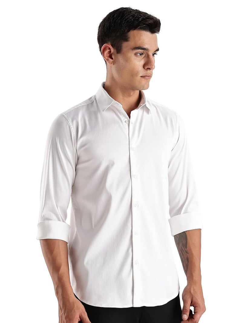 ADRO Men's Slim Fit Solid Casual Shirt - White Satin Evening Shirt for Office and Party Wear - Image 1