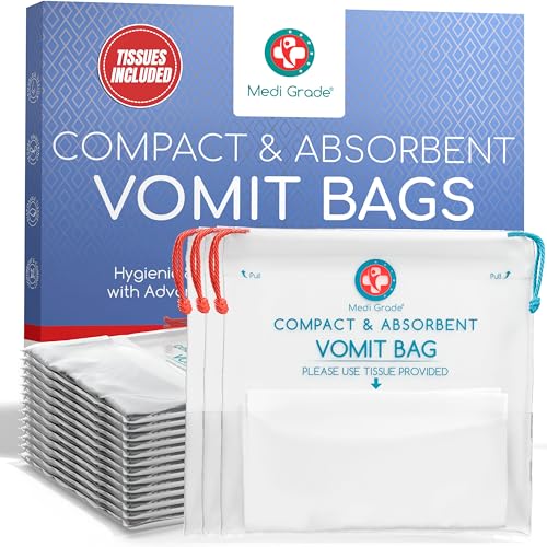 Medi Grade Absorbent Vomit Bags Disposable for Adults and Kids, 22pcs - Travel Essentials Leakproof Barf Bags with Tissues Turn Vomit to Gel and Prevent Odor - Purse Essential Travel Size Sick Bags - Image 1