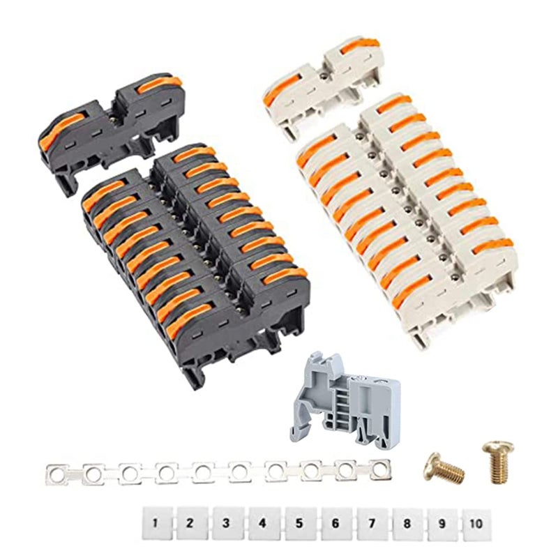 UOHGDPY DIN Rail Terminal Blocks Kit - Universal Compact Wire Wiring Connector (20connectors +2 Rail Parallel + Digital Identifications + 2 Fixed Clamps + Screw) - Image 1