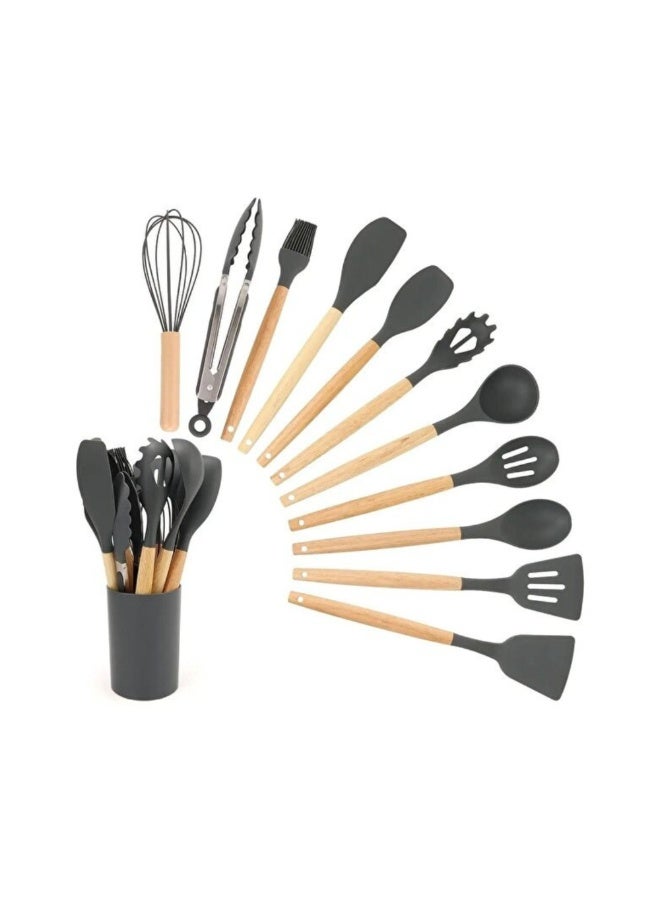 مجموعة أدوات المطبخ مع حامل، 12 قطعة من أدوات الطبخ المصنوعة من السيليكون بأيدي خشبية، باللون الرمادي - Image 1