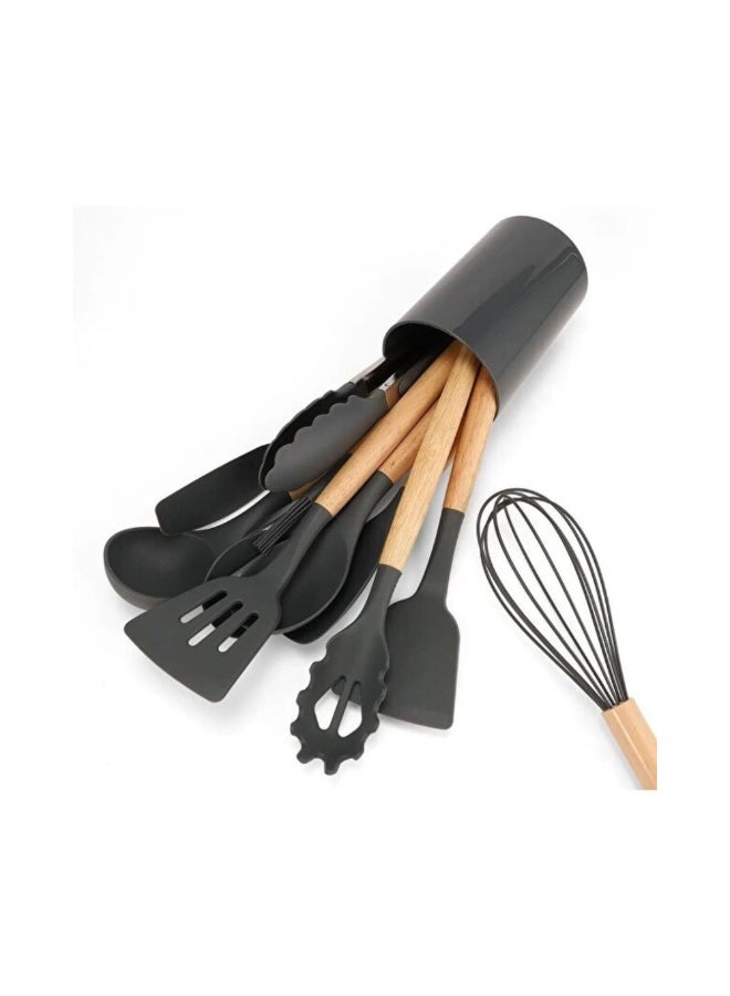 مجموعة أدوات المطبخ مع حامل، 12 قطعة من أدوات الطبخ المصنوعة من السيليكون بأيدي خشبية، باللون الرمادي - Image 2