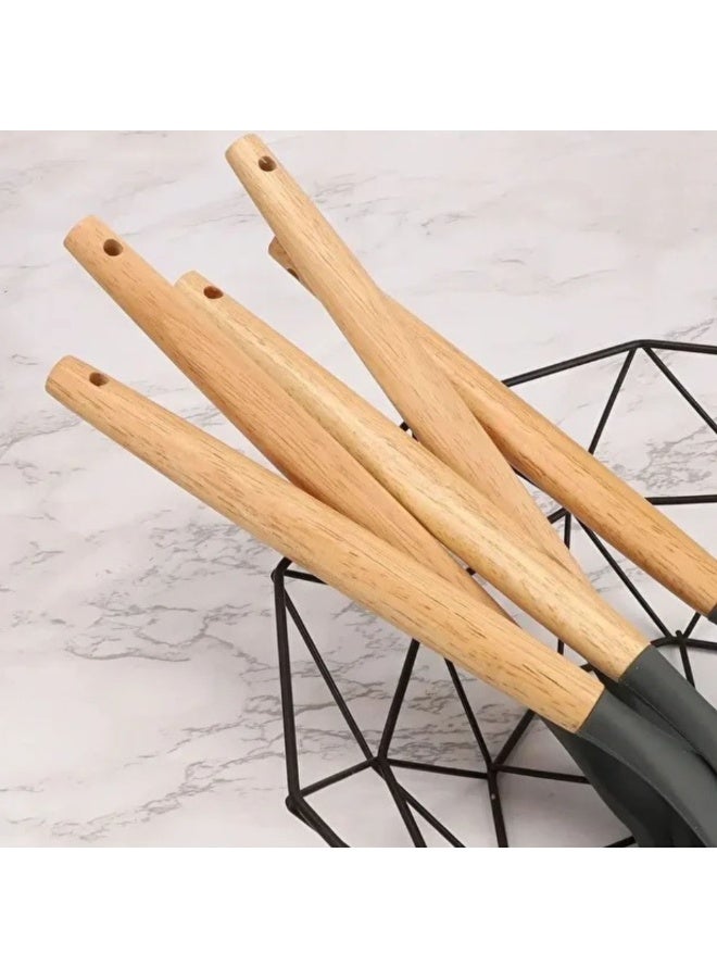 مجموعة أدوات المطبخ مع حامل، 12 قطعة من أدوات الطبخ المصنوعة من السيليكون بأيدي خشبية، باللون الرمادي - Image 4