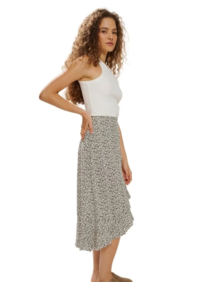 HaILYS Polka Dot Wrap Midi Skirt with Ruffle Hem - High-Waisted Asymmetrical Skirt