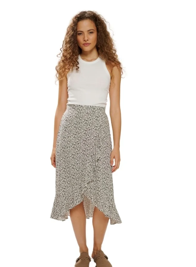 HaILYS Polka Dot Wrap Midi Skirt with Ruffle Hem - High-Waisted Asymmetrical Skirt