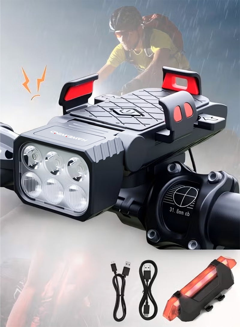 4 IN 1 Bike Lights Set,400 Lumen Super Bright Headlight and Rear Taillights with 4000mAh Battery Power Bank/Phone Holder/Horn/Many Lighting Modes/Waterproof,Easy To Fit,USB Rechargeable Bicycle Lights Set for Night Cycling Road Mountain Riding - Image 1