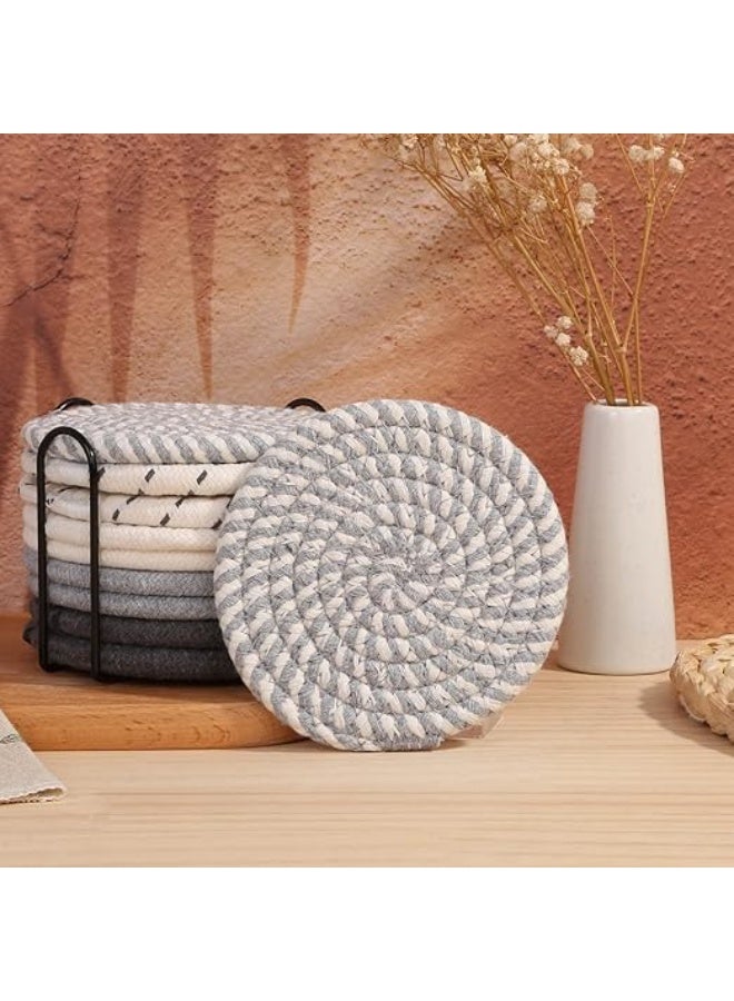 Billbotk 10 Pieces Coasters for Drink Absorbent, 5 Colors Drink Coasters with Holder, Woven Coasters Set for Coffee Table, Wooden Table Decor, Home Decor, 4.3 Inches - Image 5