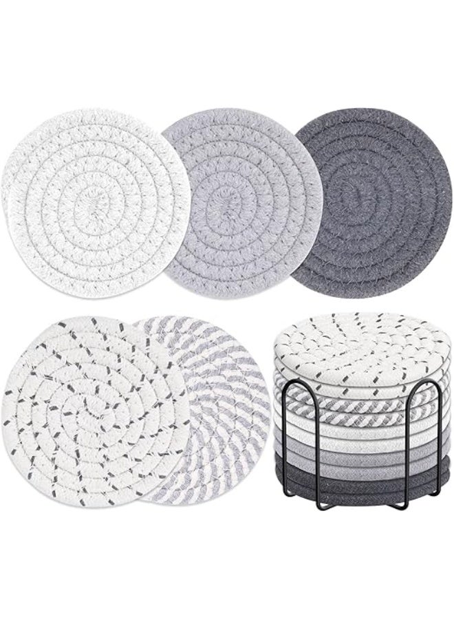 Billbotk 10 Pieces Coasters for Drink Absorbent, 5 Colors Drink Coasters with Holder, Woven Coasters Set for Coffee Table, Wooden Table Decor, Home Decor, 4.3 Inches - Image 1