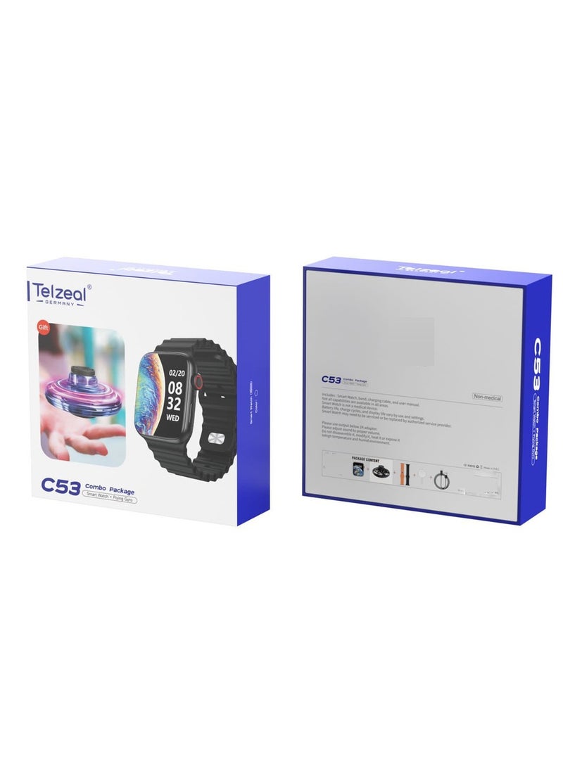 Telzeal - Telzeal C53 2.01 Inch Large Screen Display Smart Watch With 2 Pair Strap Wireless Charger and Flying Gyro Black - Image 1