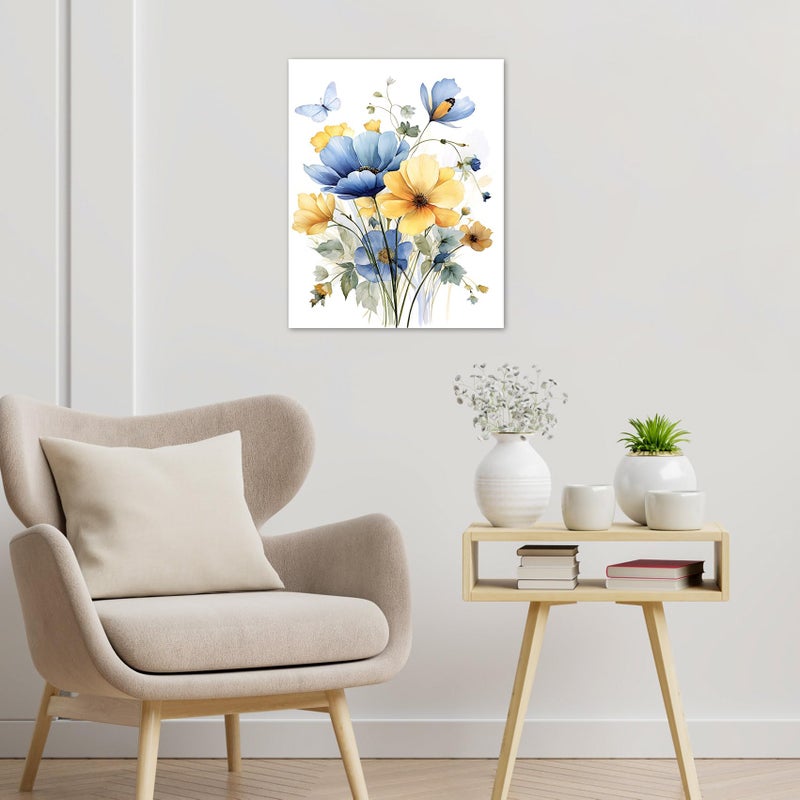 HVEST Vintage Wildflower Wall Art Blue and Yellow Flower and Leaves butterfly Abstract Painting Watercolor Plant Wall Art for Bathroom Living Room Bedroom Kitchen Decor Ready to Hang, 16Lx12W Inches - Image 3