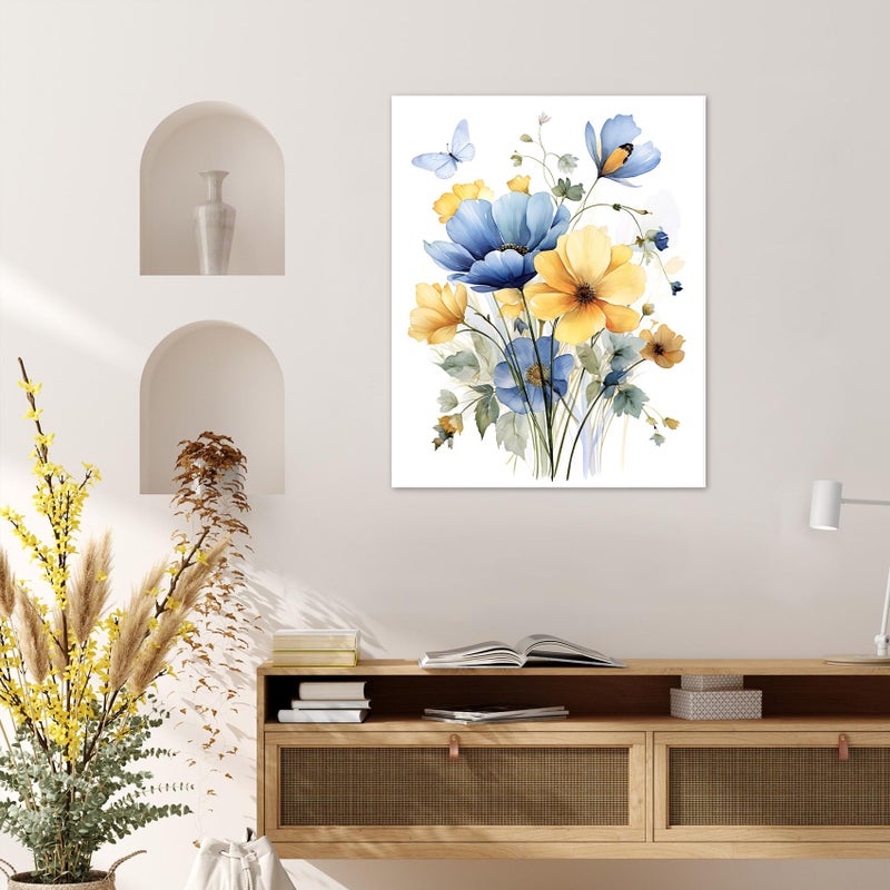 HVEST Vintage Wildflower Wall Art Blue and Yellow Flower and Leaves butterfly Abstract Painting Watercolor Plant Wall Art for Bathroom Living Room Bedroom Kitchen Decor Ready to Hang, 16Lx12W Inches - Image 5