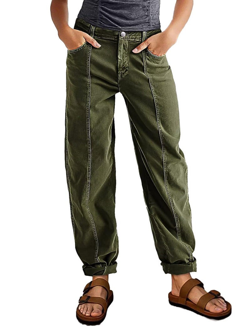 Flamingals Women's Straight Leg Mid Rise Pants Patch Work Pants & Boyfriend Seam Front Pants for Women with Pockets Army Green XL - Image 1
