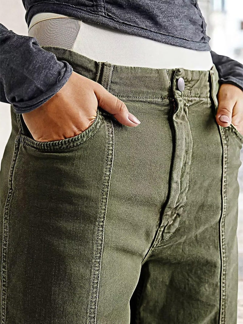 Flamingals Women's Straight Leg Mid Rise Pants Patch Work Pants & Boyfriend Seam Front Pants for Women with Pockets Army Green XL - Image 4