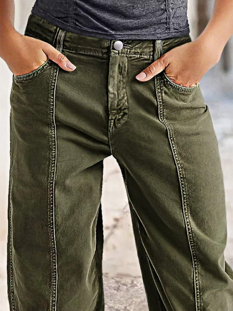 Flamingals Women's Straight Leg Mid Rise Pants Patch Work Pants & Boyfriend Seam Front Pants for Women with Pockets Army Green XL - Image 3