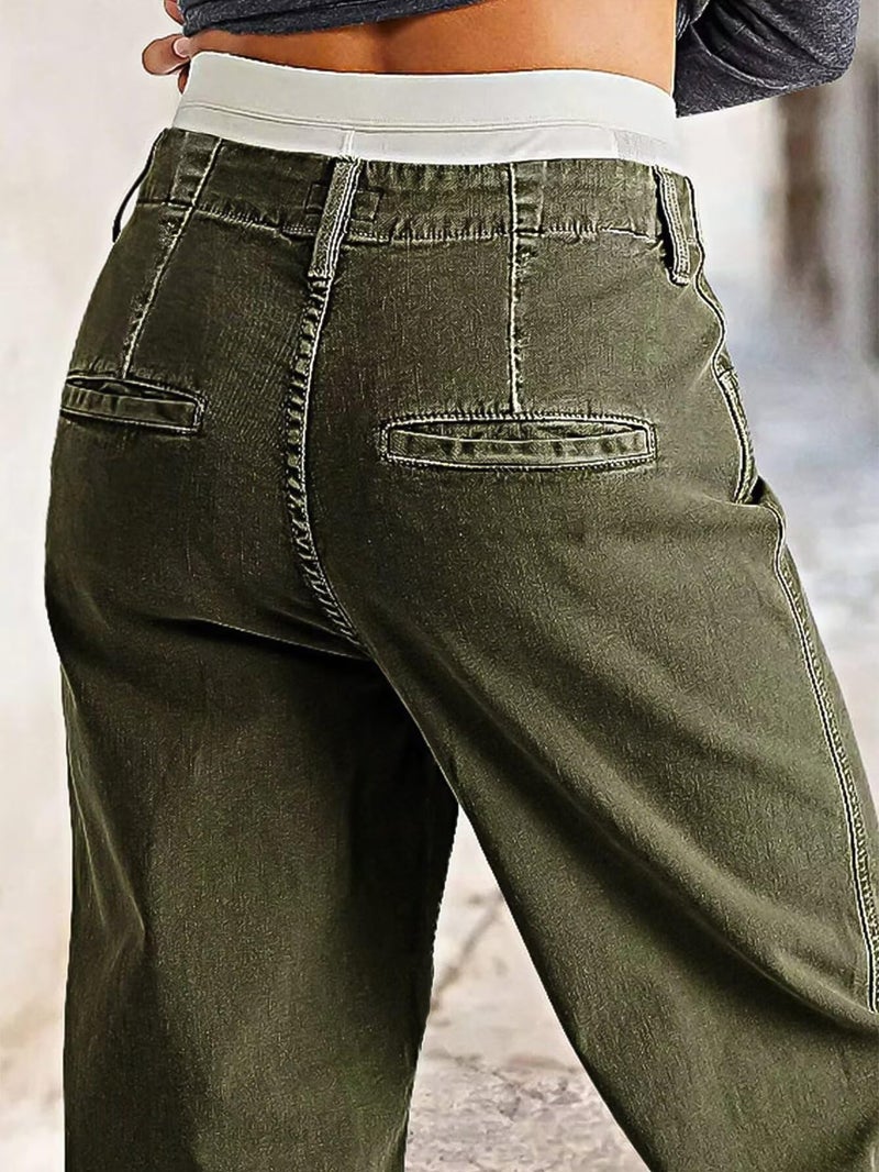 Flamingals Women's Straight Leg Mid Rise Pants Patch Work Pants & Boyfriend Seam Front Pants for Women with Pockets Army Green XL - Image 5