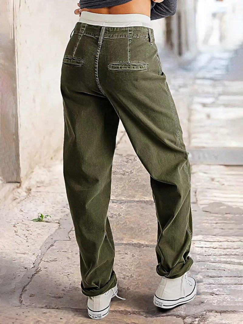 Flamingals Women's Straight Leg Mid Rise Pants Patch Work Pants & Boyfriend Seam Front Pants for Women with Pockets Army Green XL - Image 2