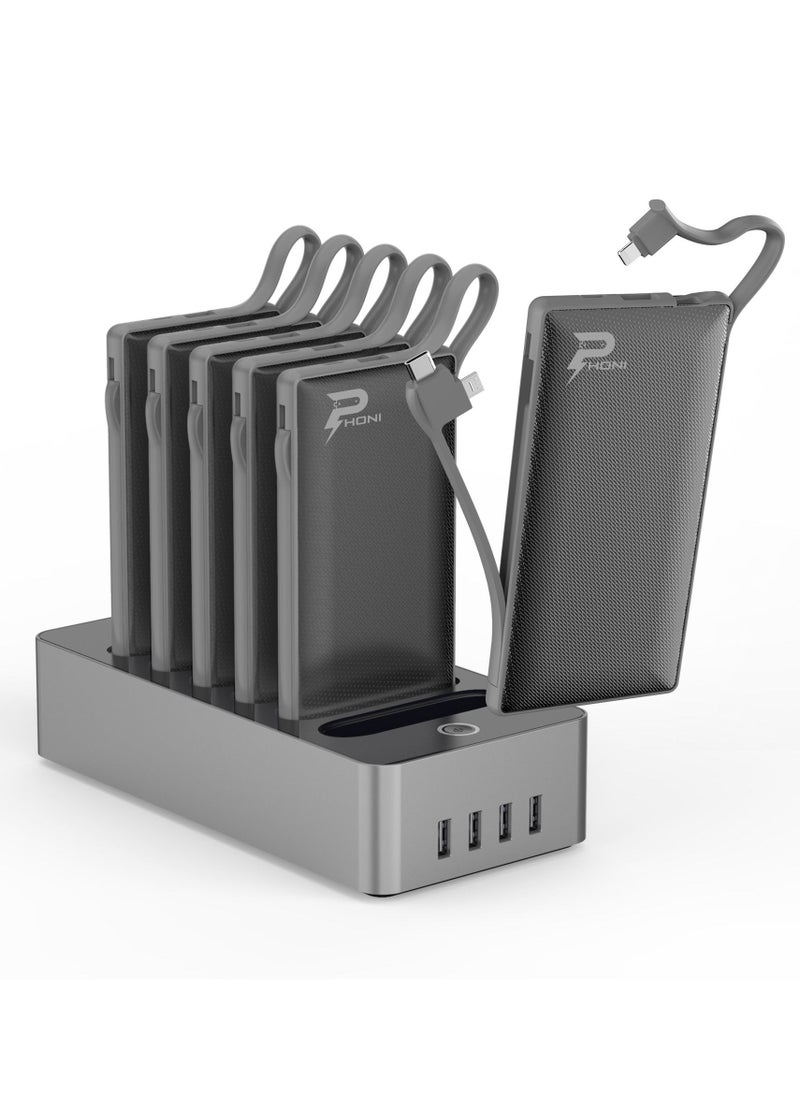 Phoni - Phoni 6 in 1 Power Station 10,000 mAh with Built-in Cable to Charge Multiple Devices - Black - Image 1