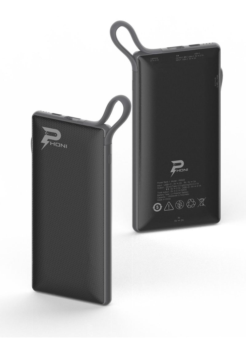 Phoni - Phoni 6 in 1 Power Station 10,000 mAh with Built-in Cable to Charge Multiple Devices - Black - Image 1
