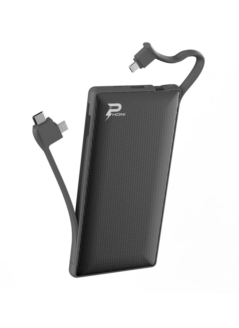 Phoni - Phoni 6 in 1 Power Station 10,000 mAh with Built-in Cable to Charge Multiple Devices - Black - Image 1