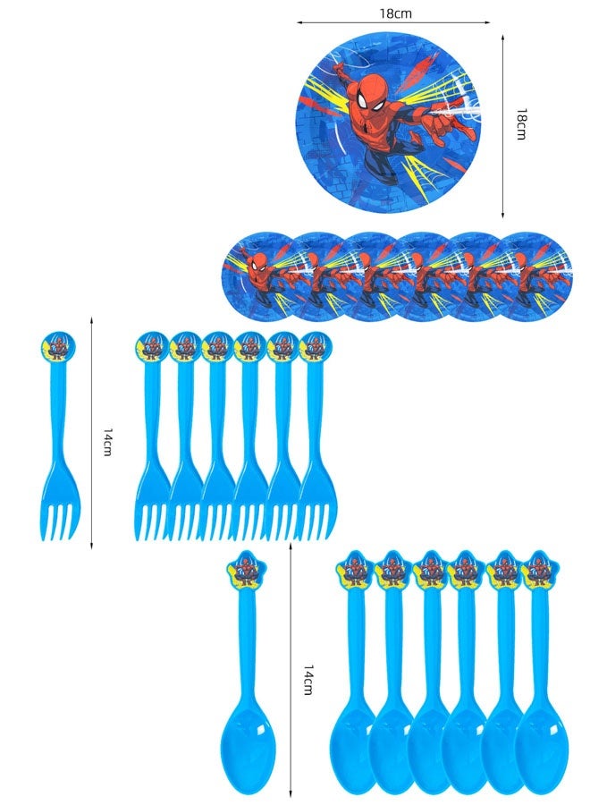Party Spider-Man Themed Party Supplies Set - 6 Hats, 6 Plates, 6 Forks, 6 Spoons, 6 Toys, 10 Tissues - Image 2