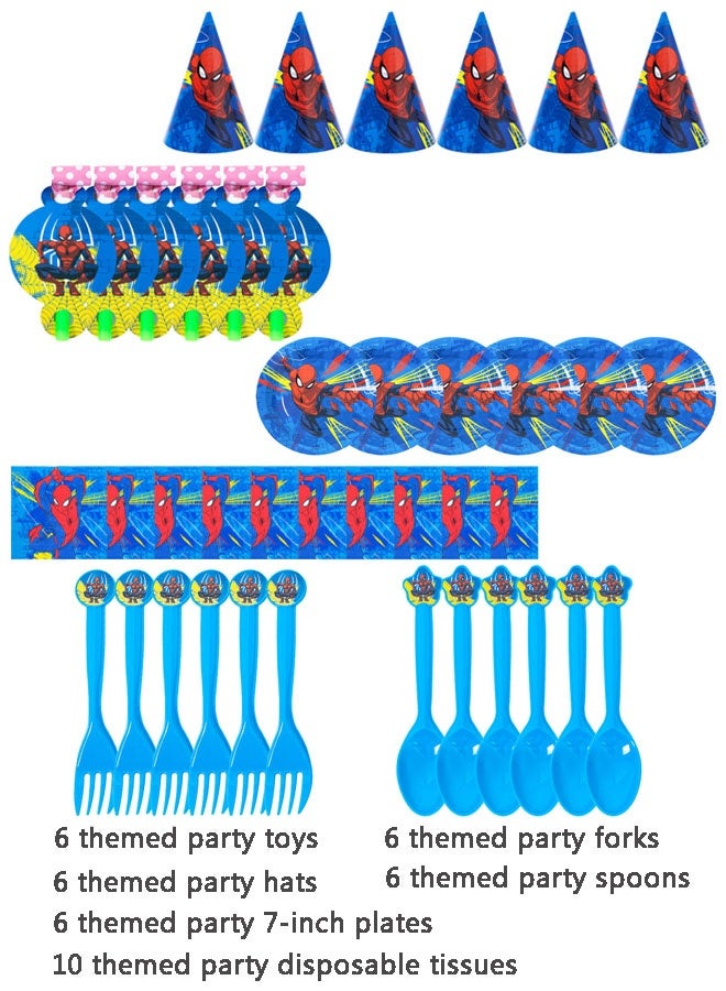 Party Spider-Man Themed Party Supplies Set - 6 Hats, 6 Plates, 6 Forks, 6 Spoons, 6 Toys, 10 Tissues - Image 1
