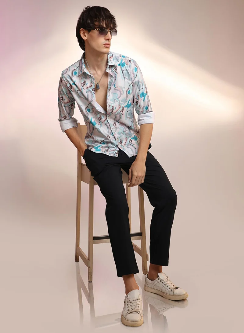 كامبوس سوترا Men's Sky Blue & Ivory White Fluid Fade Shirt