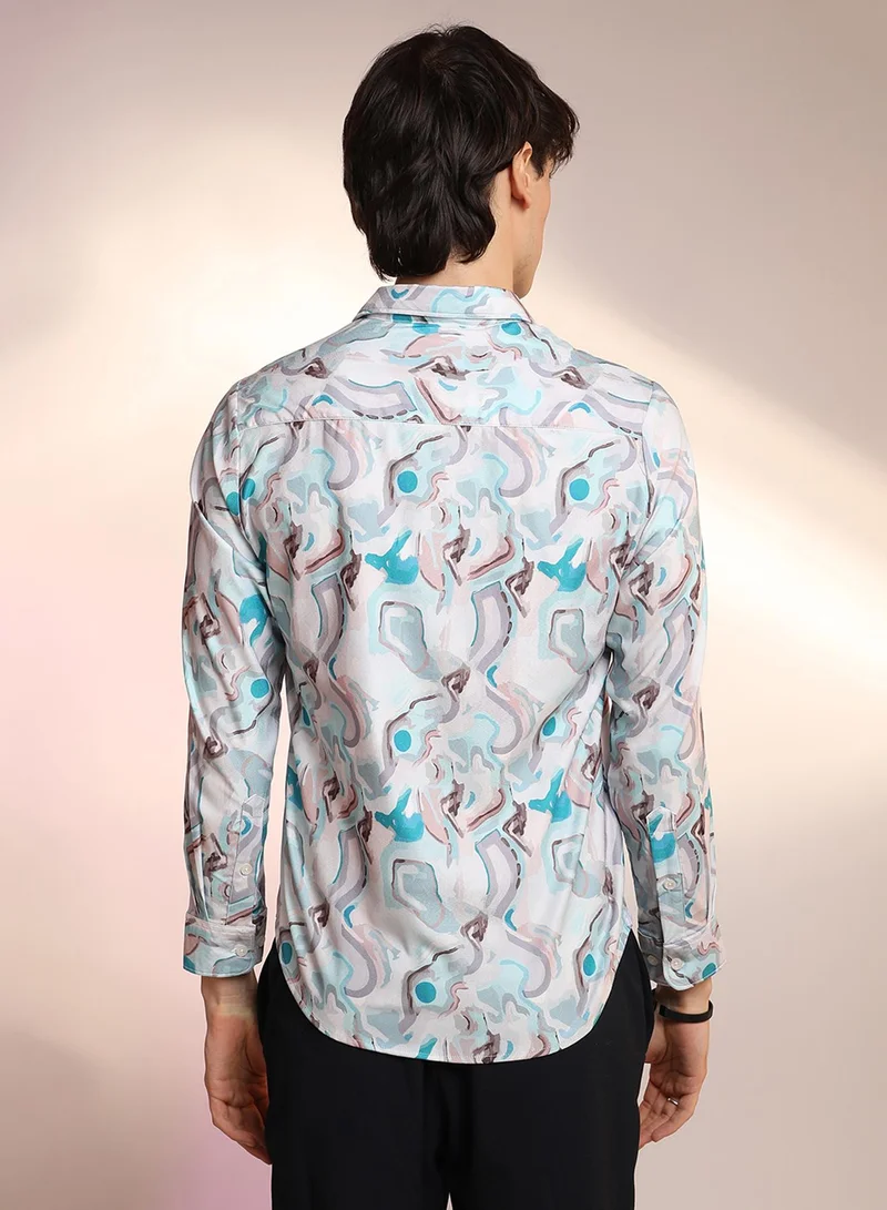 كامبوس سوترا Men's Sky Blue & Ivory White Fluid Fade Shirt