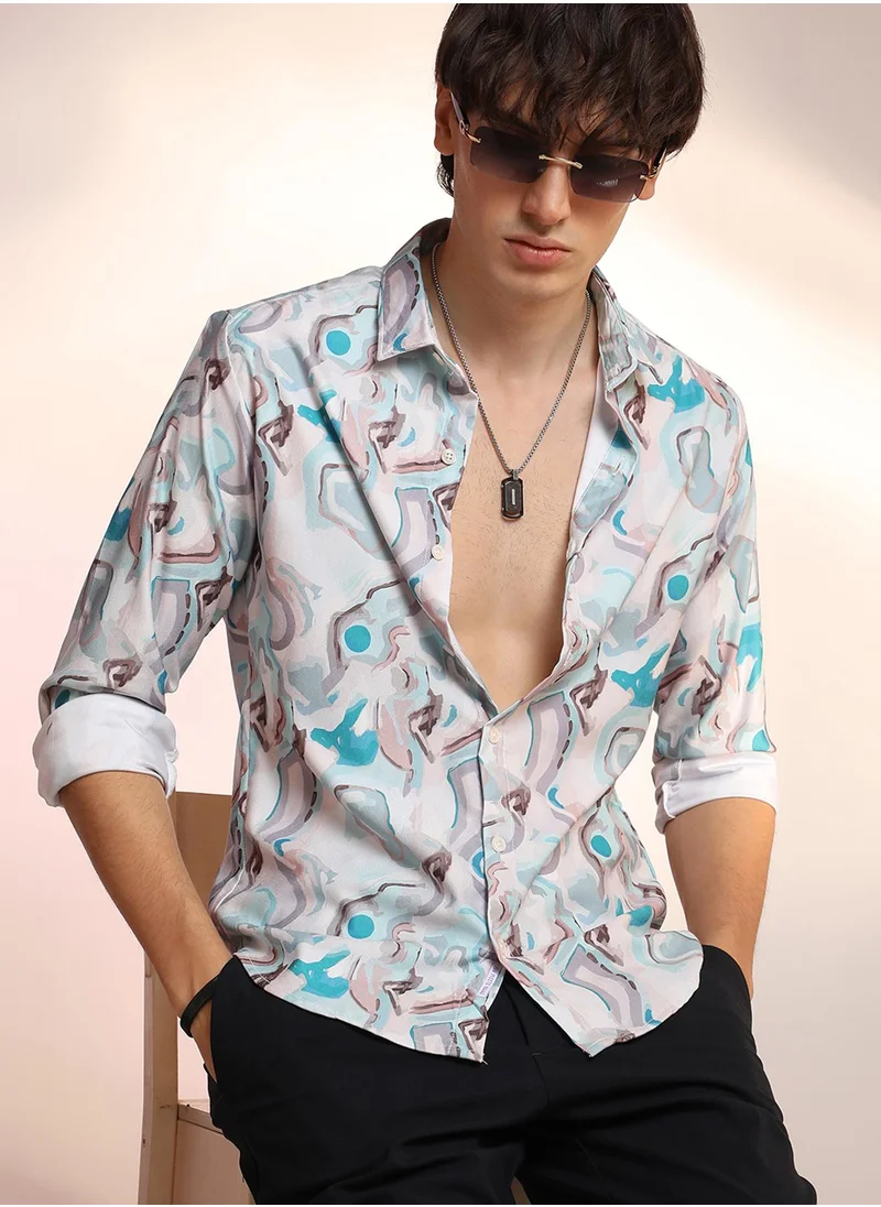 كامبوس سوترا Men's Sky Blue & Ivory White Fluid Fade Shirt