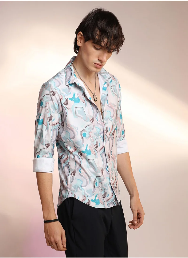 كامبوس سوترا Men's Sky Blue & Ivory White Fluid Fade Shirt