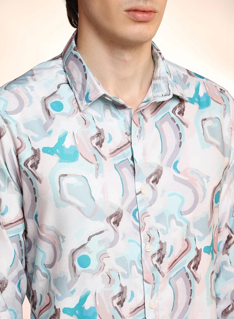 كامبوس سوترا Men's Sky Blue & Ivory White Fluid Fade Shirt
