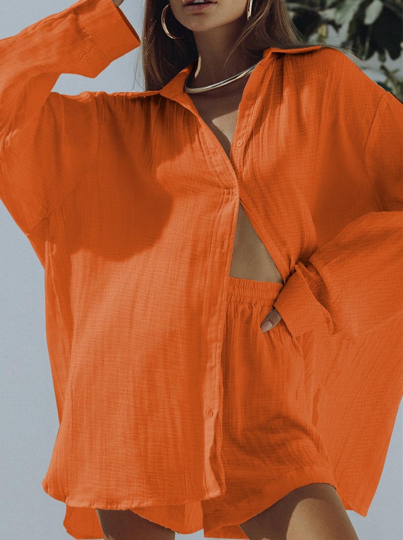Fixmatti Women 2 Piece Outfits Cotton Linen Set for Summer Long Sleeve Button Down Shirt and Shorts Orange S - Image 3
