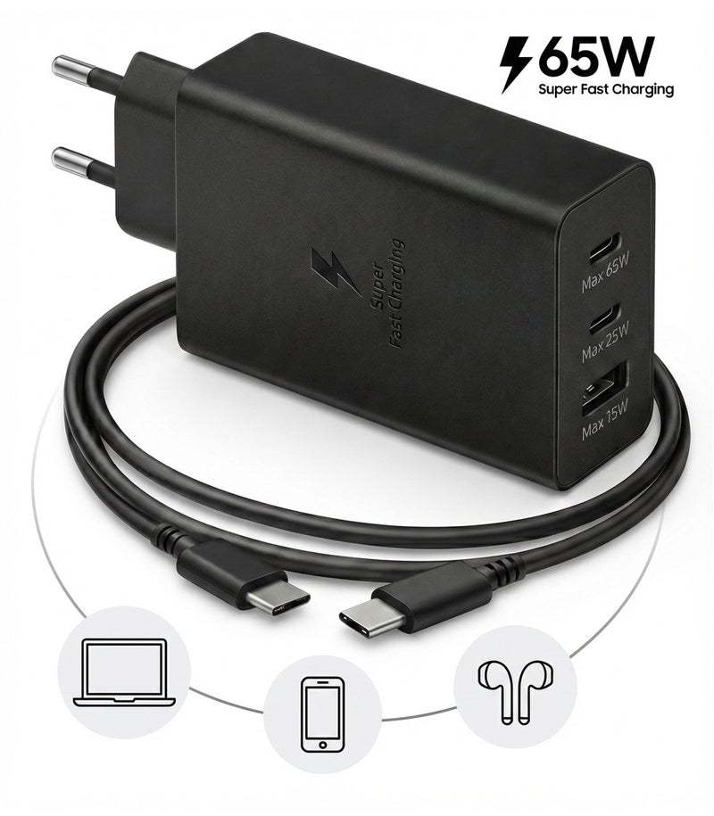 65W 3-Port Fast Wall Charger + USB-C Cable Included (2×USB-C + USB-A) | PD 3.0 PPS Super Fast Charging | Compatible with Samsung Galaxy & Android Type-C - Image 1