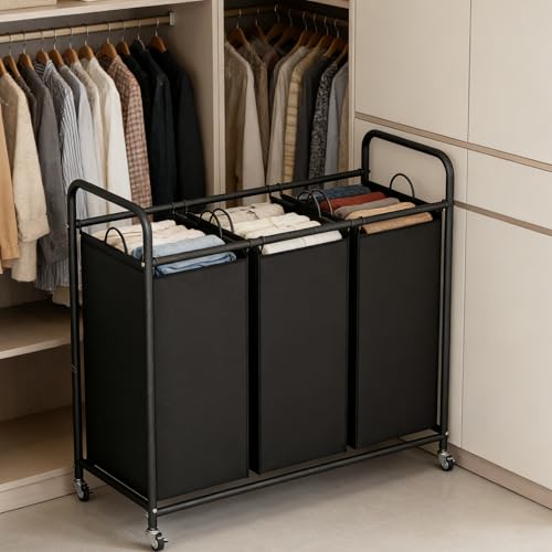 LINZINAR 3-Bag Laundry Basket, Black Laundry Hamper, 35.6 Gal(135 L) Laundry Sorter Cart Laundry Room Organization with Heavy Duty Rolling Lockable Wheels and Removable Bags - Image 3