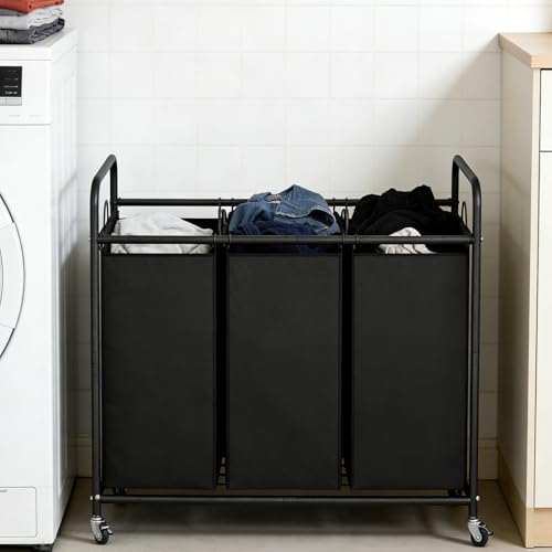 LINZINAR 3-Bag Laundry Basket, Black Laundry Hamper, 35.6 Gal(135 L) Laundry Sorter Cart Laundry Room Organization with Heavy Duty Rolling Lockable Wheels and Removable Bags - Image 2