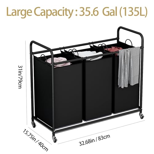 LINZINAR 3-Bag Laundry Basket, Black Laundry Hamper, 35.6 Gal(135 L) Laundry Sorter Cart Laundry Room Organization with Heavy Duty Rolling Lockable Wheels and Removable Bags - Image 4