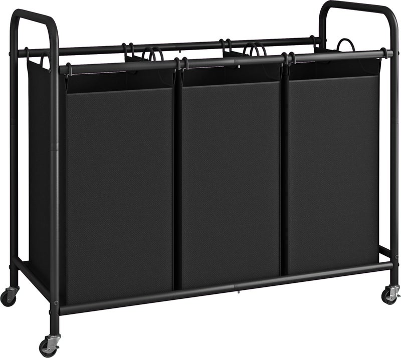 LINZINAR 3-Bag Laundry Basket, Black Laundry Hamper, 35.6 Gal(135 L) Laundry Sorter Cart Laundry Room Organization with Heavy Duty Rolling Lockable Wheels and Removable Bags - Image 1