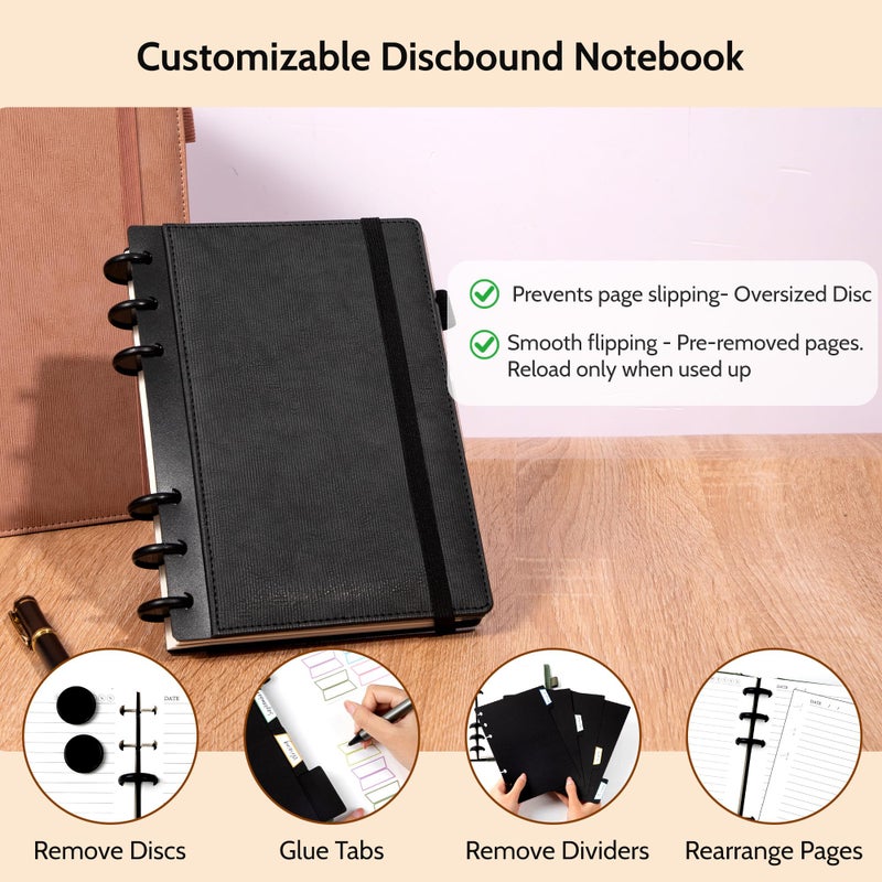 Yoment Leather Notebooks for Work Refillable 224 Page Lined Journal for Men, 100 GSM Thick 5 Subject Notebook with Removable Dividers Tabs Hardcover Notebook for School Note Taking 6.1 x 8.3,Black - Image 2