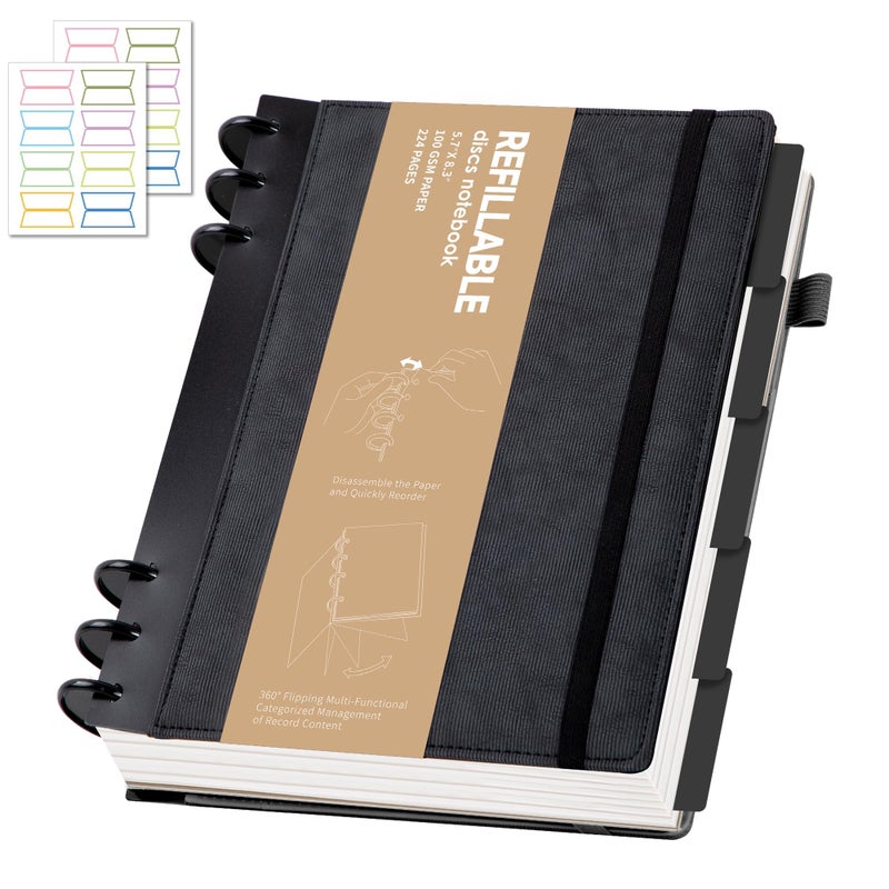 Yoment Leather Notebooks for Work Refillable 224 Page Lined Journal for Men, 100 GSM Thick 5 Subject Notebook with Removable Dividers Tabs Hardcover Notebook for School Note Taking 6.1 x 8.3,Black - Image 1