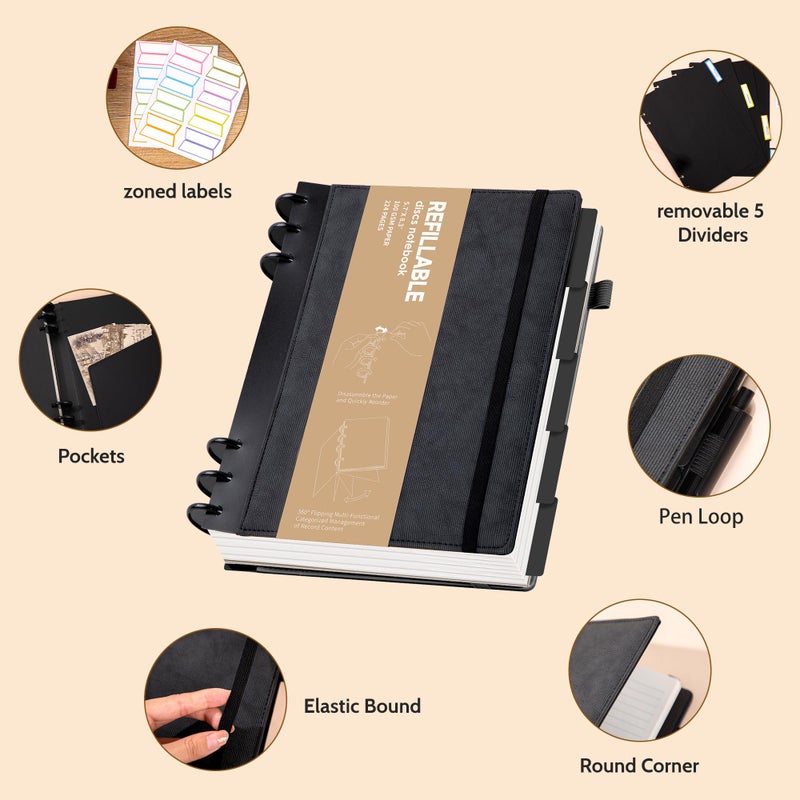 Yoment Leather Notebooks for Work Refillable 224 Page Lined Journal for Men, 100 GSM Thick 5 Subject Notebook with Removable Dividers Tabs Hardcover Notebook for School Note Taking 6.1 x 8.3,Black - Image 3