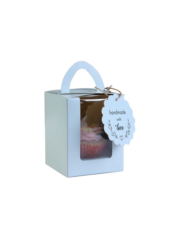 mudrit Individual Cupcake Boxes, Single Cupcake Containers, Cupcake Carriers with Handle, Clear Window, Insert Trays, Tags and Jute Twine (Blue, 50pcs) - Image 3